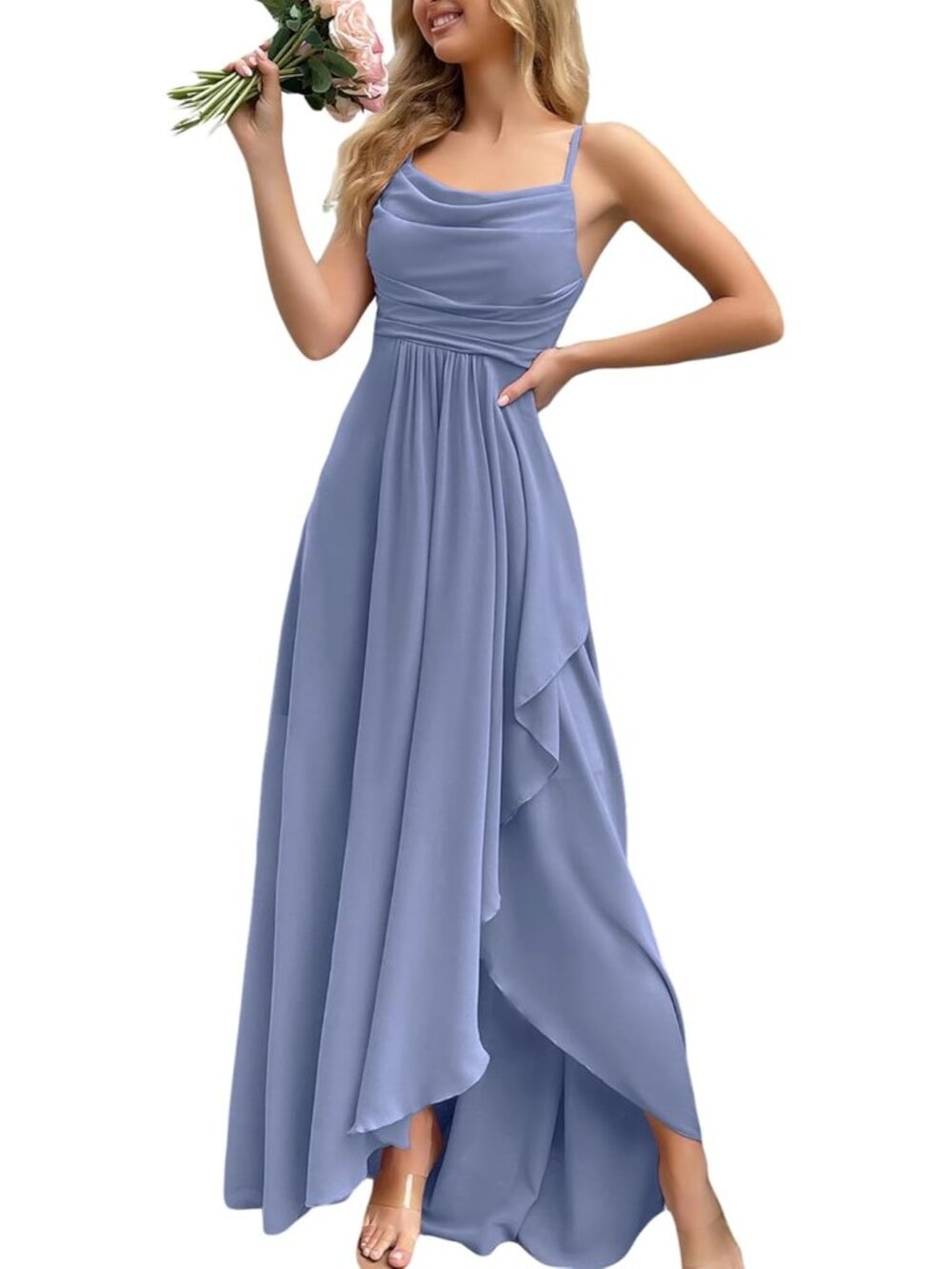 Women's Light Denim Blue Cowl Neck Spaghetti Strap Cocktail Bodycon Maxi Dress